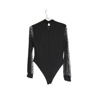 Boohoo Black mock neck bodysuit with semi sheer polka dot sleeves size 6